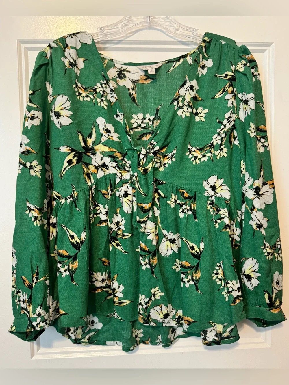 Lucky Brand Green Floral Tie Front Peplum Blouse Size S Romantic Boho Top